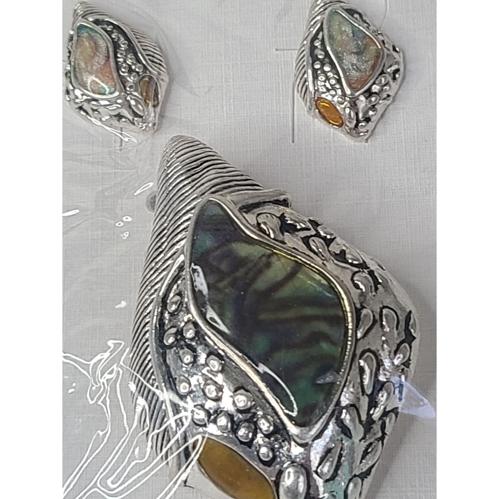 Icon Collection Silvertone Abalone Shell Brooch/Pendant & Earrings Set